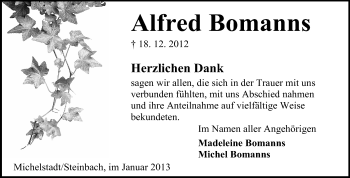 Traueranzeige von Alfred Bomanns von Odenwälder Echo