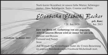 Traueranzeige von Elisabetha Becker von Rüsselsheimer Echo, Groß-Gerauer-Echo, Ried Echo
