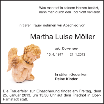 Traueranzeige von Martha Luise Möller von Darmstädter Echo, Odenwälder Echo, Rüsselsheimer Echo, Groß-Gerauer-Echo, Ried Echo