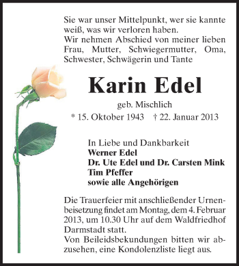 Traueranzeige von Karin Edel von Echo-Zeitungen (Gesamtausgabe)