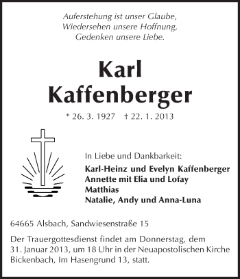 Traueranzeige von Karl Kaffenberger von Echo-Zeitungen (Gesamtausgabe)