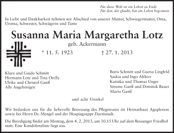 Traueranzeige von Susanna Maria Margaretha Lotz von Darmstädter Echo, Odenwälder Echo, Rüsselsheimer Echo, Groß-Gerauer-Echo, Ried Echo