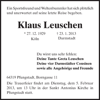 Traueranzeige von Klaus Leuschen von Echo-Zeitungen (Gesamtausgabe)