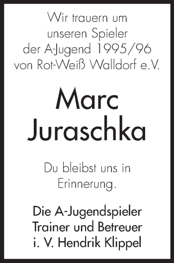Traueranzeige von Marc Juraschka von Rüsselsheimer Echo, Groß-Gerauer-Echo, Ried Echo