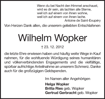 Traueranzeige von Wilhelm Wopker von Echo-Zeitungen (Gesamtausgabe)