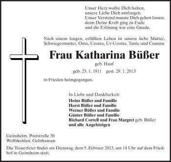 Traueranzeige von Katharina Büßer von Rüsselsheimer Echo, Groß-Gerauer-Echo, Ried Echo