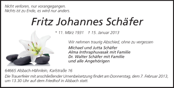 Traueranzeige von Fritz Johannes Schäfer von Echo-Zeitungen (Gesamtausgabe)