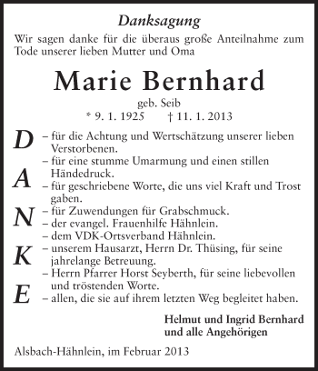 Traueranzeige von Marie Bernhard von Echo-Zeitungen (Gesamtausgabe)