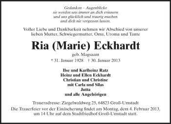 Traueranzeige von Ria Eckhardt von Echo-Zeitungen (Gesamtausgabe)