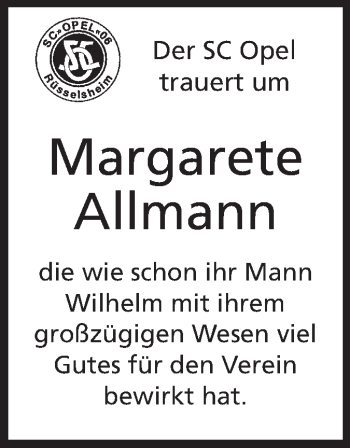 Traueranzeige von Margarete Allmann von Rüsselsheimer Echo, Groß-Gerauer-Echo, Ried Echo