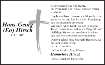 Traueranzeige von Hans-Georg Hirsch von Rüsselsheimer Echo, Groß-Gerauer-Echo, Ried Echo