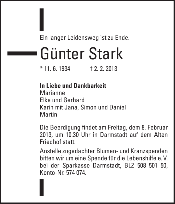 Traueranzeige von Günter Stark von Darmstädter Echo, Odenwälder Echo, Rüsselsheimer Echo, Groß-Gerauer-Echo, Ried Echo