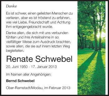 Traueranzeige von Renate Schwebel von Echo-Zeitungen (Gesamtausgabe)