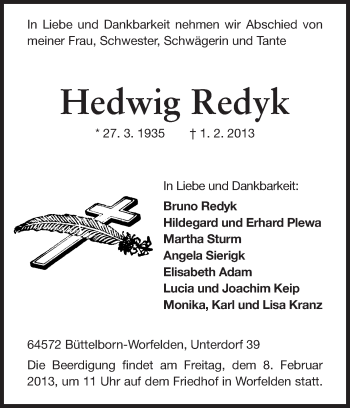 Traueranzeige von Hedwig Redyk von Rüsselsheimer Echo, Groß-Gerauer-Echo, Ried Echo