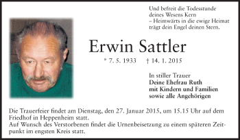 Traueranzeige von Erwin Sattler von Starkenburger Echo