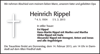 Traueranzeige von Heinrich Rippel von Echo-Zeitungen (Gesamtausgabe)