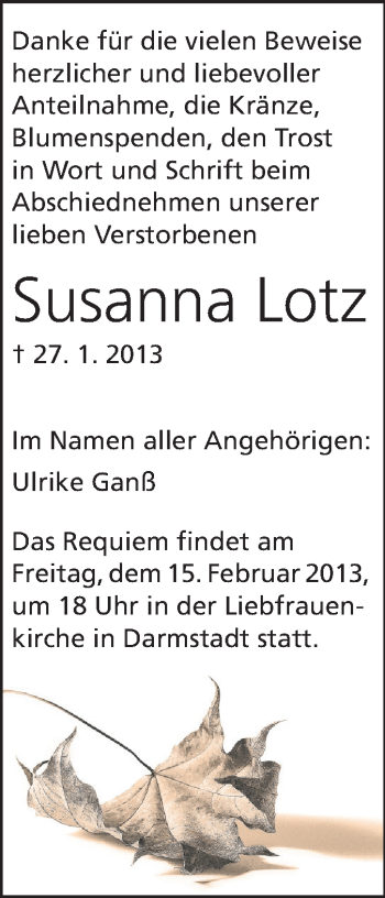 Traueranzeige von Susanna Lotz von Echo-Zeitungen (Gesamtausgabe)
