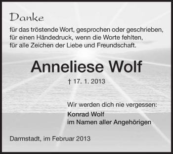 Traueranzeige von Anneliese Wolf von Darmstädter Echo, Odenwälder Echo, Rüsselsheimer Echo, Groß-Gerauer-Echo, Ried Echo