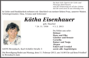 Traueranzeige von Kätha Eisenhauer von Echo-Zeitungen (Gesamtausgabe)