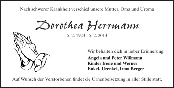 Traueranzeige von Dorothea Herrmann von Rüsselsheimer Echo, Groß-Gerauer-Echo, Ried Echo