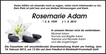 Traueranzeige von Rosemarie Adam von Darmstädter Echo, Odenwälder Echo, Rüsselsheimer Echo, Groß-Gerauer-Echo, Ried Echo