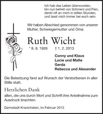 Traueranzeige von Ruth Wicht von Darmstädter Echo, Odenwälder Echo, Rüsselsheimer Echo, Groß-Gerauer-Echo, Ried Echo