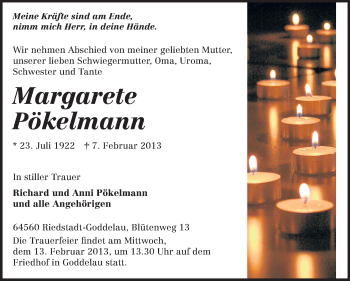 Traueranzeige von Margarete Pökelmann von Rüsselsheimer Echo, Groß-Gerauer-Echo, Ried Echo