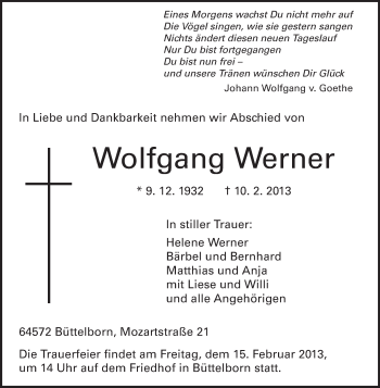 Traueranzeige von Wolfgang Werner von Rüsselsheimer Echo, Groß-Gerauer-Echo, Ried Echo