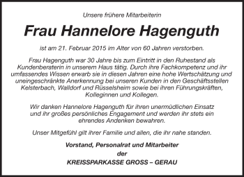 Traueranzeige von Hannelore Hagenguth von Rüsselsheimer Echo, Groß-Gerauer-Echo, Ried Echo