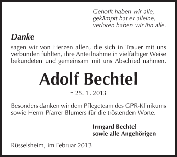 Traueranzeige von Adolf Bechtel von Rüsselsheimer Echo, Groß-Gerauer-Echo, Ried Echo