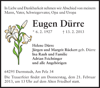 Traueranzeige von Eugen Dürre von Echo-Zeitungen (Gesamtausgabe)