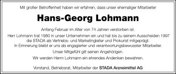 Traueranzeige von Hans-Georg Lohmann von Echo-Zeitungen (Gesamtausgabe)