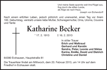 Traueranzeige von Katharine Becker von Echo-Zeitungen (Gesamtausgabe)