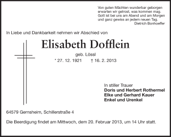 Traueranzeige von Elisabeth Dofflein von Rüsselsheimer Echo, Groß-Gerauer-Echo, Ried Echo