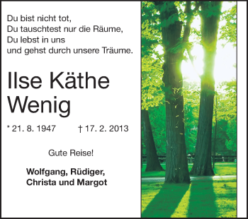 Traueranzeige von Ilse Käthe Wenig von Echo-Zeitungen (Gesamtausgabe)