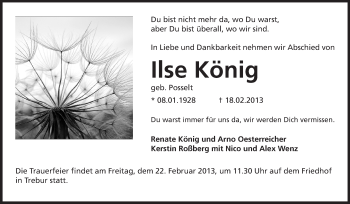 Traueranzeige von Ilse König von Rüsselsheimer Echo, Groß-Gerauer-Echo, Ried Echo