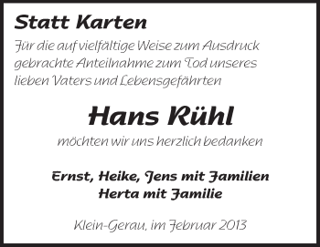 Traueranzeige von Hans Rühl von Rüsselsheimer Echo, Groß-Gerauer-Echo, Ried Echo