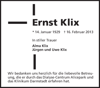 Traueranzeige von Ernst Klix von Darmstädter Echo, Odenwälder Echo, Rüsselsheimer Echo, Groß-Gerauer-Echo, Ried Echo