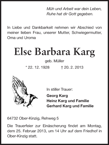 Traueranzeige von Else Barbara Karg von Odenwälder Echo