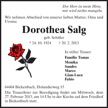 Traueranzeige von Dorothea Salg von Echo-Zeitungen (Gesamtausgabe)