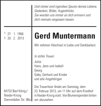 Traueranzeige von Gerd Muntermann von Odenwälder Echo