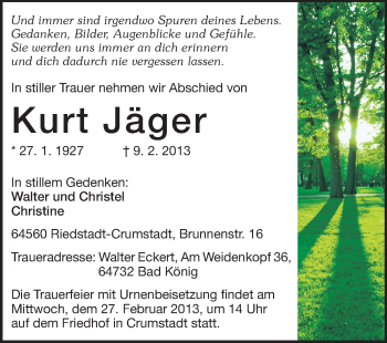Traueranzeige von Kurt Jäger von Rüsselsheimer Echo, Groß-Gerauer-Echo, Ried Echo