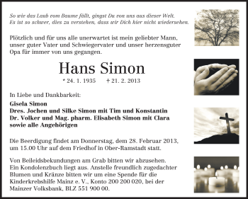 Traueranzeige von Hans Simon von Echo-Zeitungen (Gesamtausgabe)