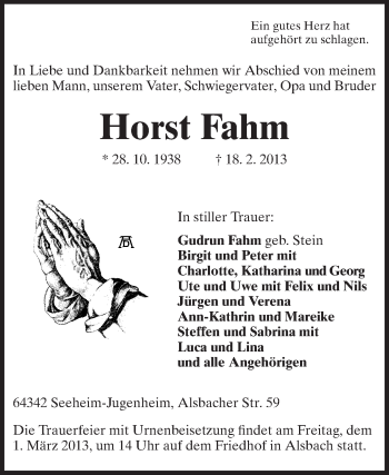 Traueranzeige von Horst Fahm von Echo-Zeitungen (Gesamtausgabe)