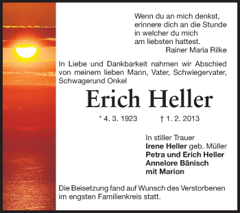 Traueranzeige von Erich Heller von Echo-Zeitungen (Gesamtausgabe)