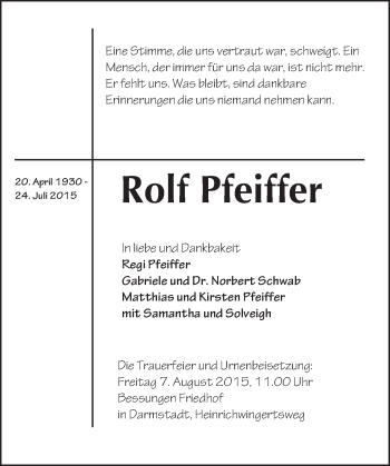 Traueranzeige von Rolf Pfeiffer von trauer.echo-online.de