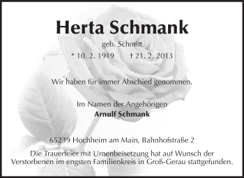 Traueranzeige von Herta Schmank von Rüsselsheimer Echo, Groß-Gerauer-Echo, Ried Echo