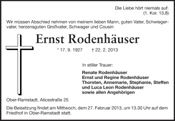 Traueranzeige von Ernst Rodenhäuser von Echo-Zeitungen (Gesamtausgabe)