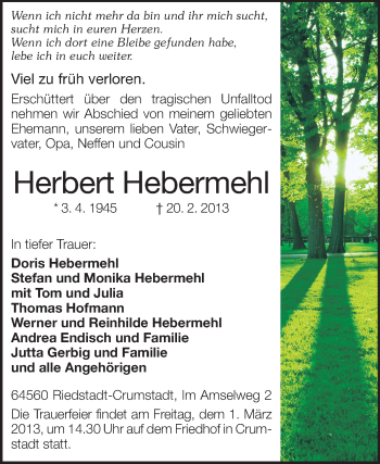 Traueranzeige von Herbert Hebermehl von Darmstädter Echo, Odenwälder Echo, Rüsselsheimer Echo, Groß-Gerauer-Echo, Ried Echo