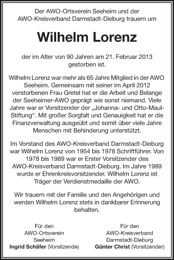 Traueranzeige von Wilhelm Lorenz von Echo-Zeitungen (Gesamtausgabe)